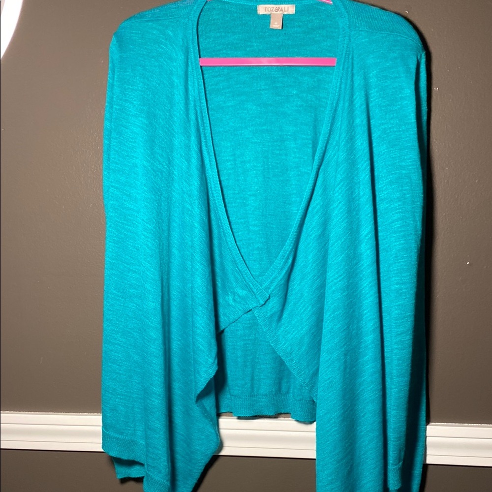 Roz & Ali Teal Green Cardigan Sheer Sweater with Waterfall Front